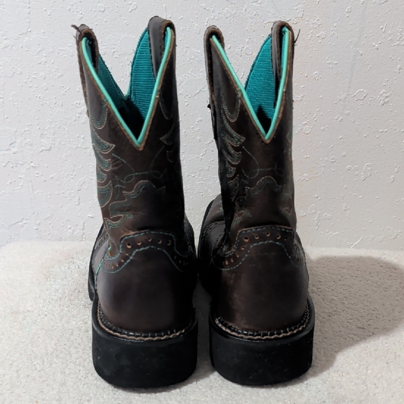 Justin Kids Leather Western Boots Brown Turquoise Stitching Size 6B - Picture 4 of 7